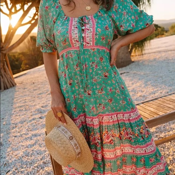 SOLD OUT Turquoise Floral Boho Off Shoulder Dress - Picture 3 of 7